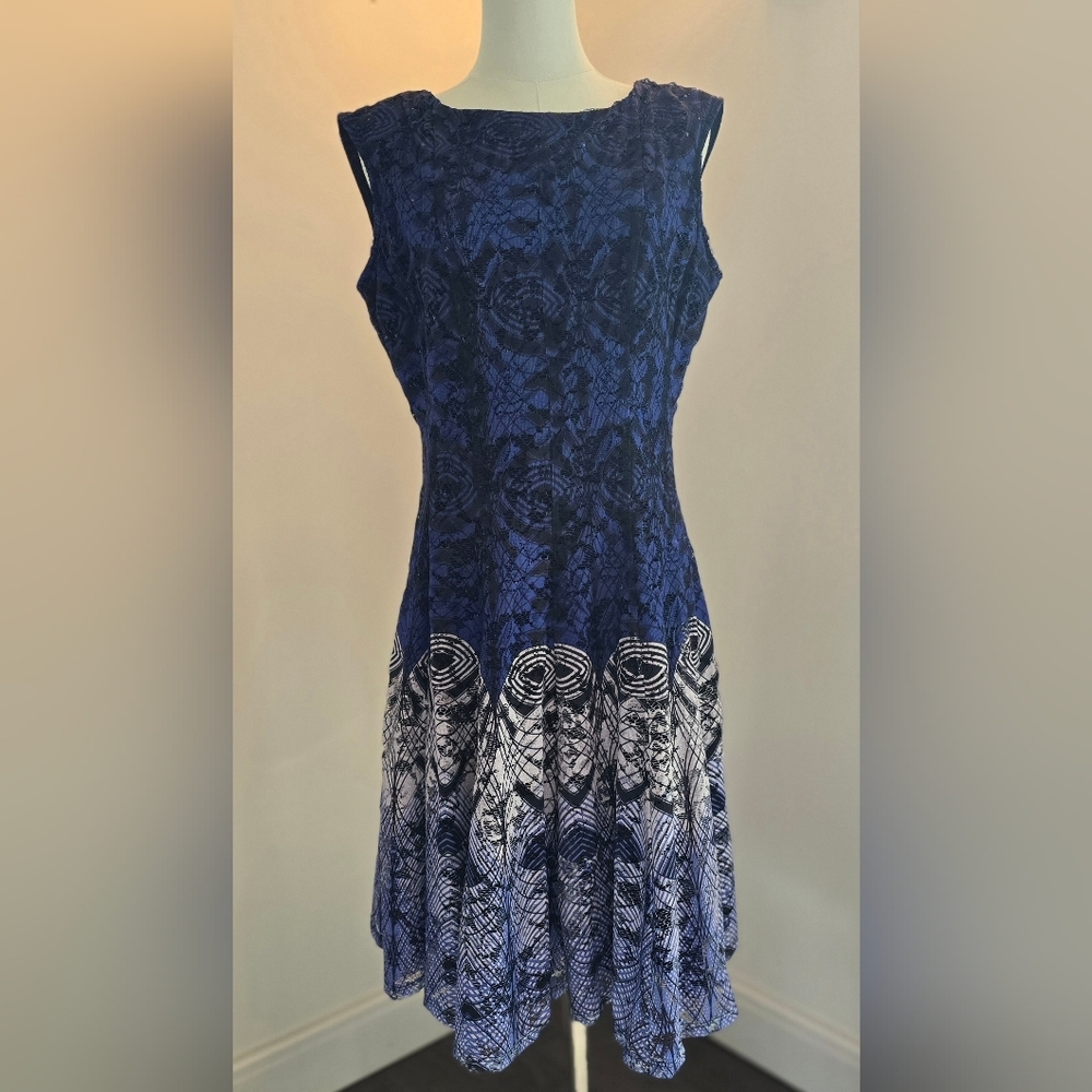 Danny & Nicole Fit & Flare Sleeveless Dress Blue, Black, White Lacy Print Sz 12